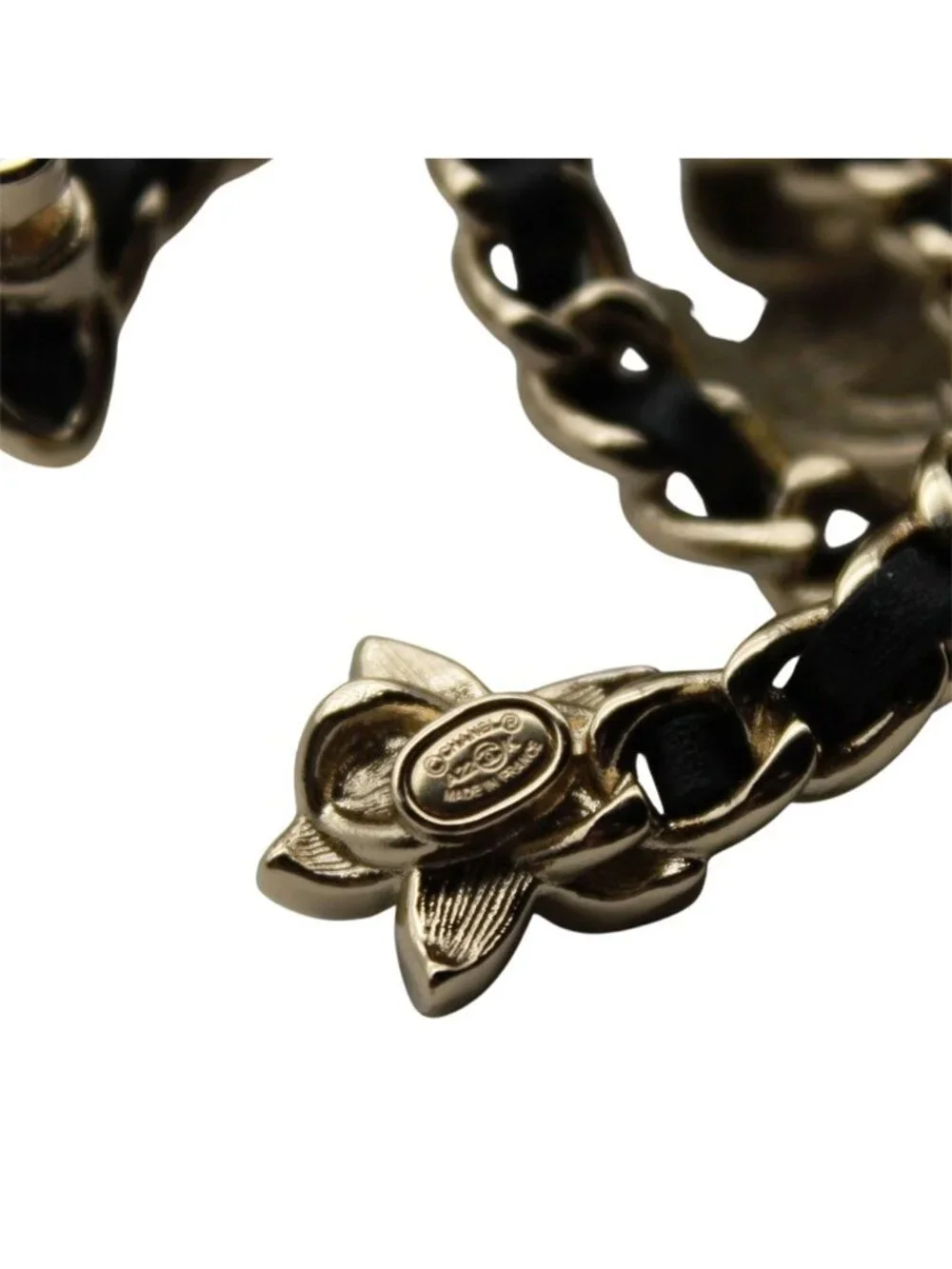 Chanel Brooch Metal Rhinestone CC Logo Black Gold Pearl Flower